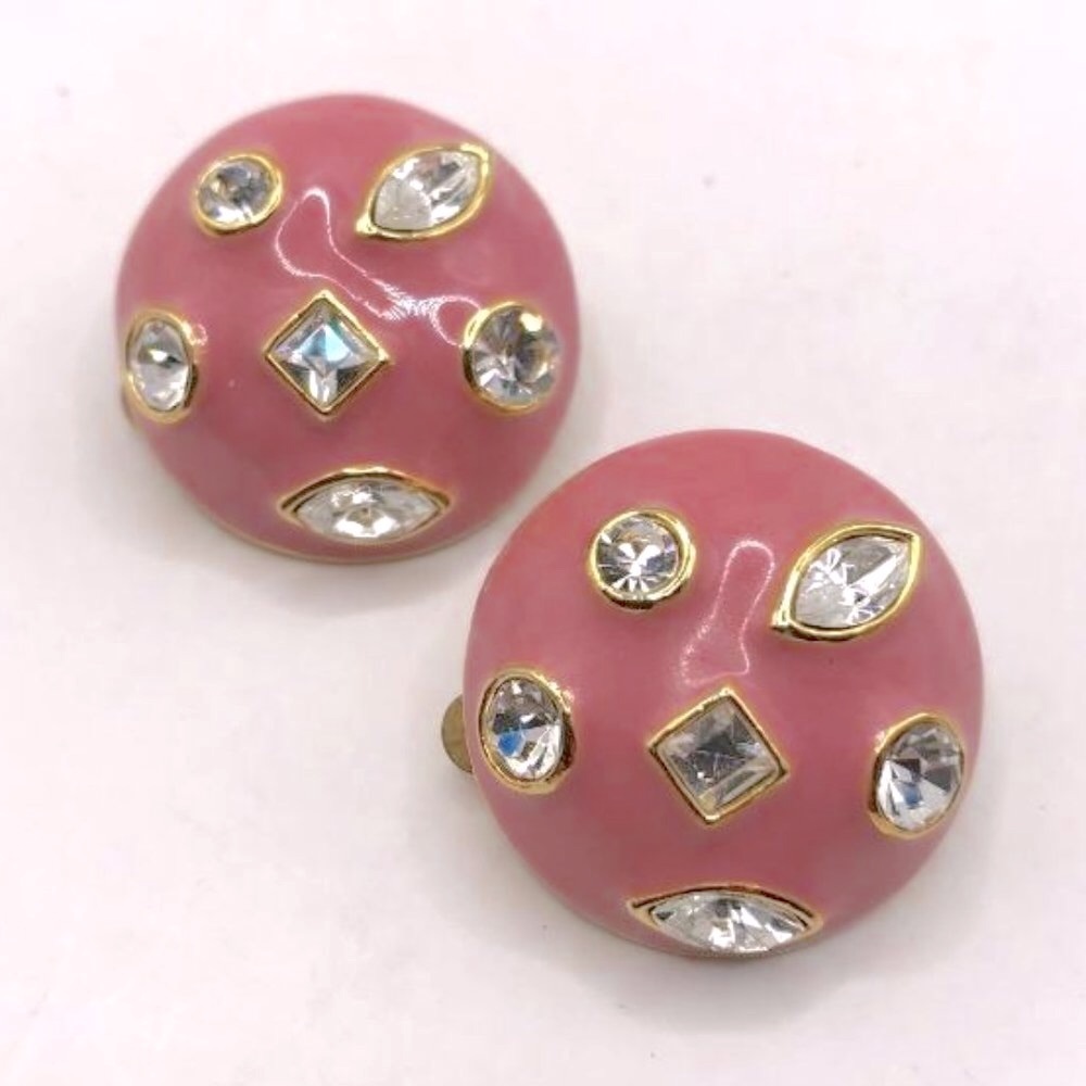 Light Pink & Rhinestone Dome Shaped Clip On Earrings